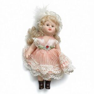Vintage Porcelain Doll In Pink Lace Dress With Feather Hat & Curly Blonde Hair 6